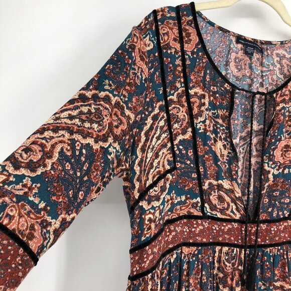 American Eagle Rustic colored Boho Retro Paisley Print Long Bell Sleeve Blouse M - Picture 7 of 16